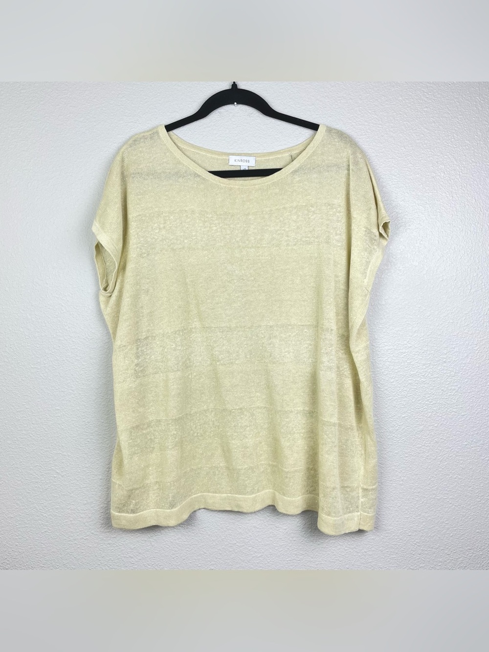 Kinross Women's Large Yellow Linen Shadow Stripe Knit T-Shirt Sleeve Tee Coastal